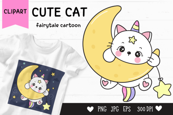 Cute Cat Cartoon on Moon Kawaii Clipart – A Magical Touch for Creative Projects