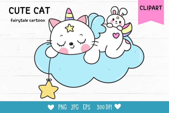 Cute Cat Sleep on Cloud and Rabbit Clipart: A Versatile Addition to Creative Projects