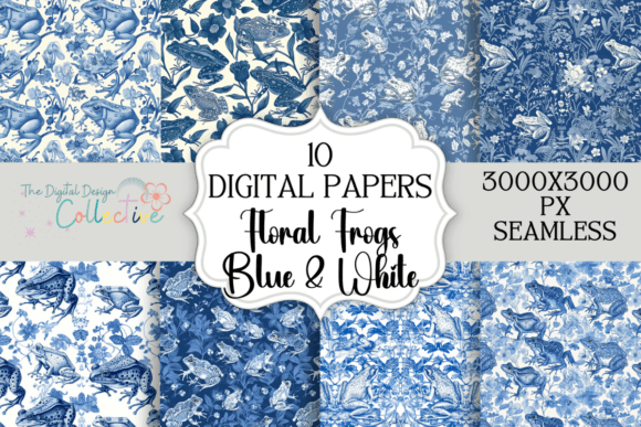 Seamless Floral Frogs Blue White