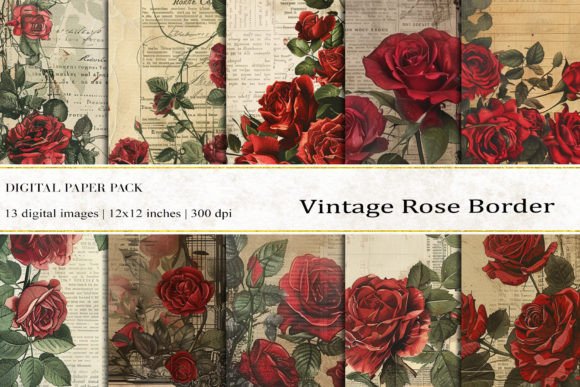 Vintage Rose Border Digital Papers